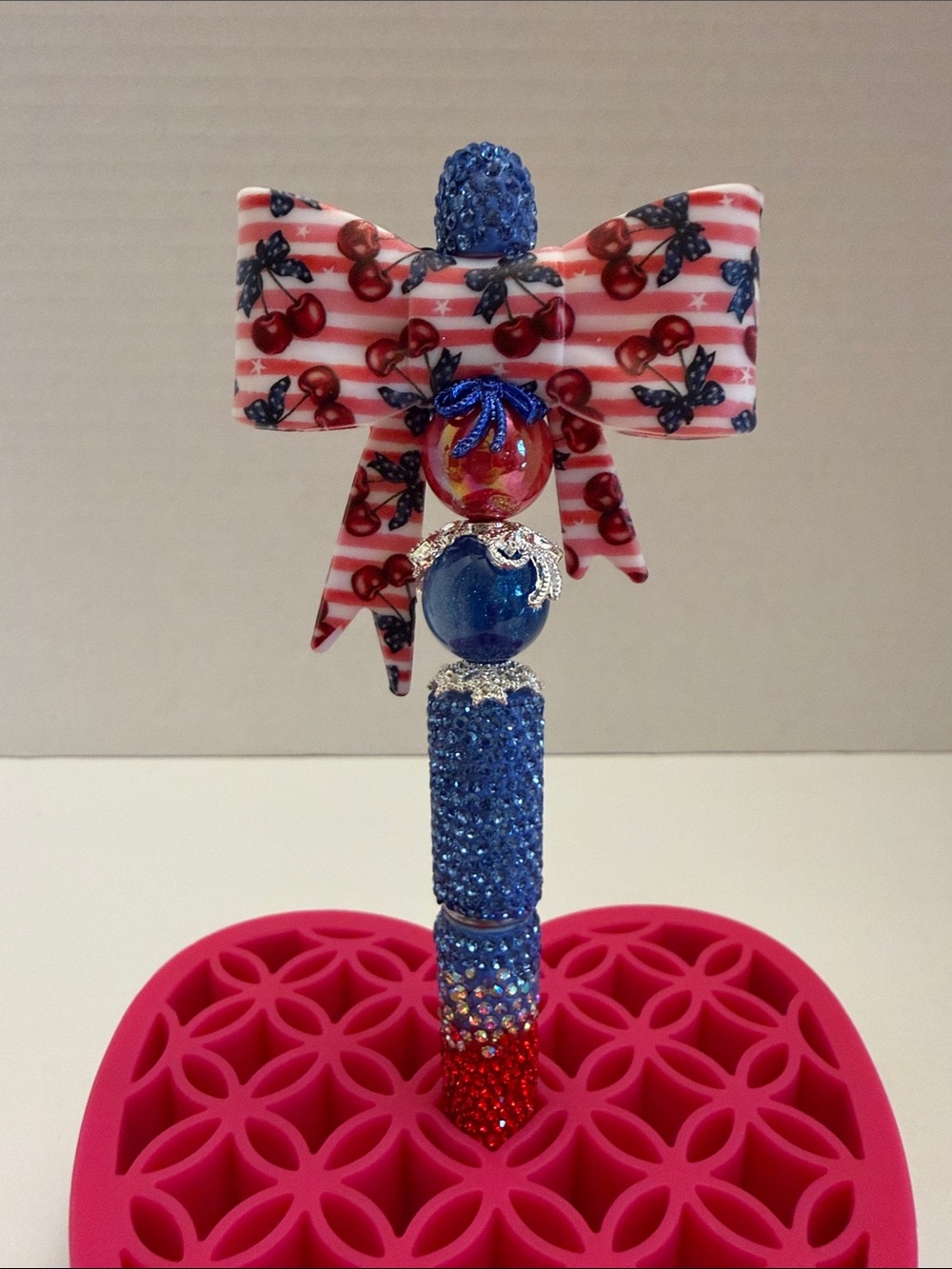Sparkle Pen with Cherry Bow Accent - Blue & Red